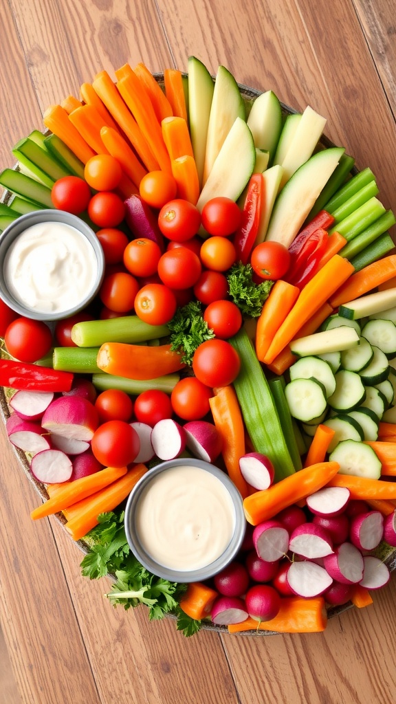 A colorful array of fresh vegetables with dips on a rustic platter.